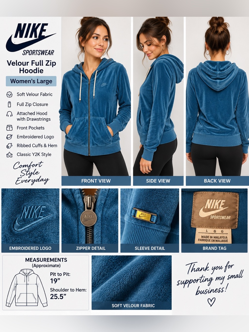 Nike Sportswear Women’s Velour Full Zip Hoodie Blue Teal Y2K Size Large